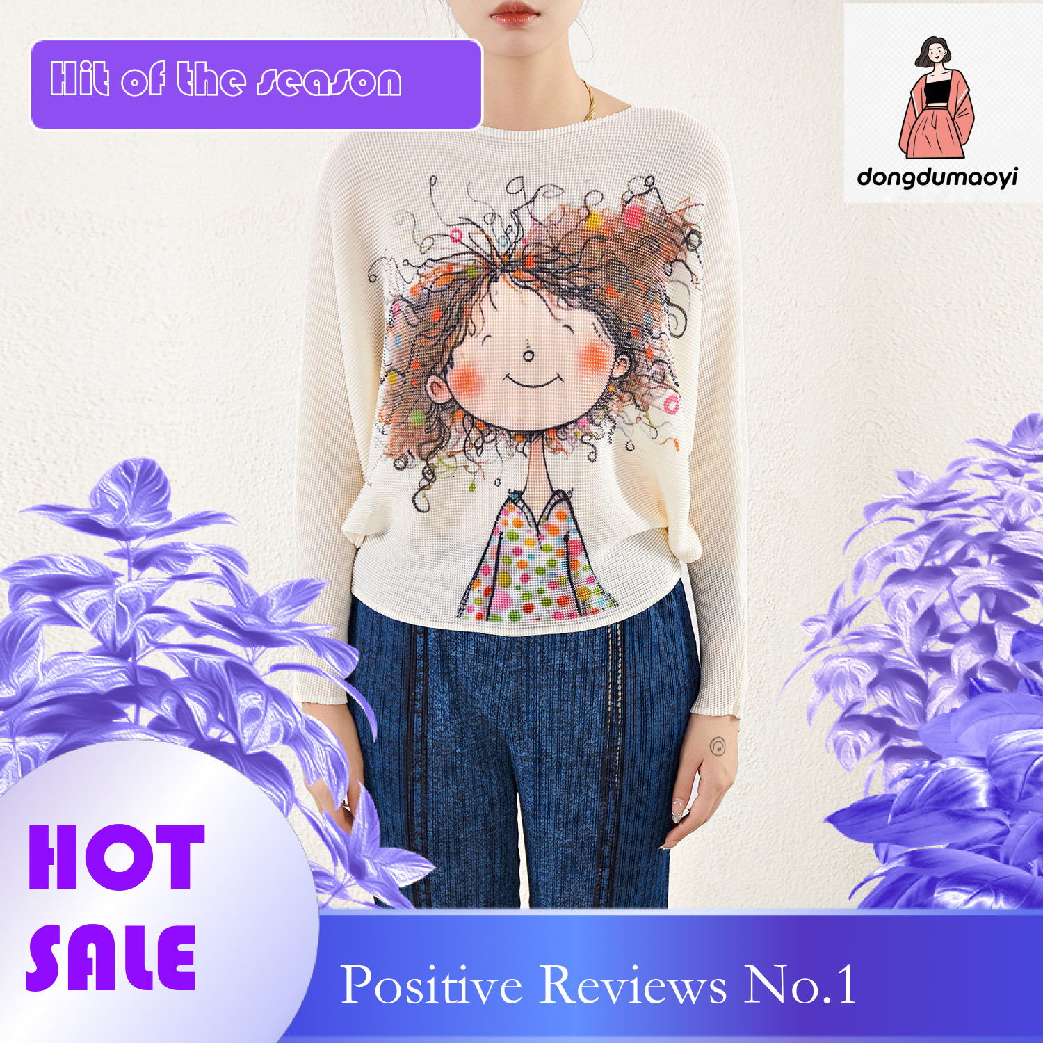 dongdumaoyi Miyake high-end printed pleated top for spring autumn, new large size, loose lazy, versatile, stylish and slimming t-shirt