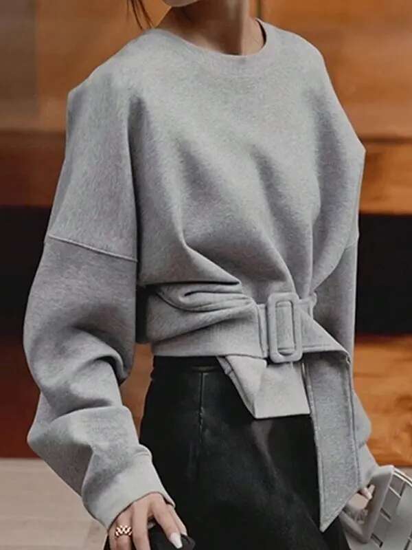 Modigirl Winter Fall Women's Sweatshirts Tops 2025 Gray Belt Buckle Round Neck Long Sleeves Hoodies Pullovers Female Spring Designer
