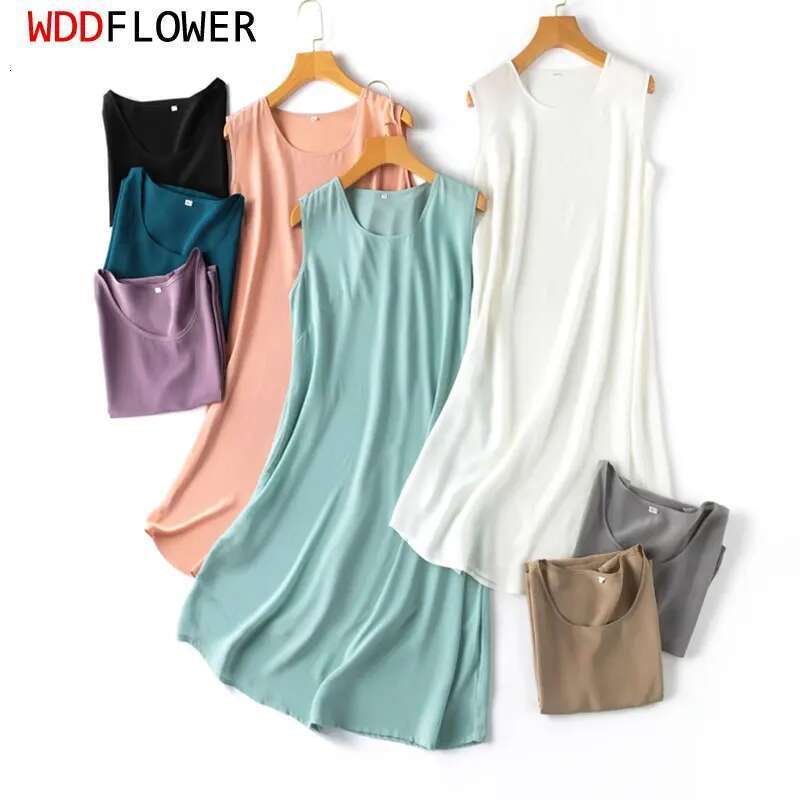 Women Slip 100% Mulberry Silk Crepe Solid Colors Summer Sleeveless A-line Tank Dress Sleep dress M L XL XXL XXXL MM865