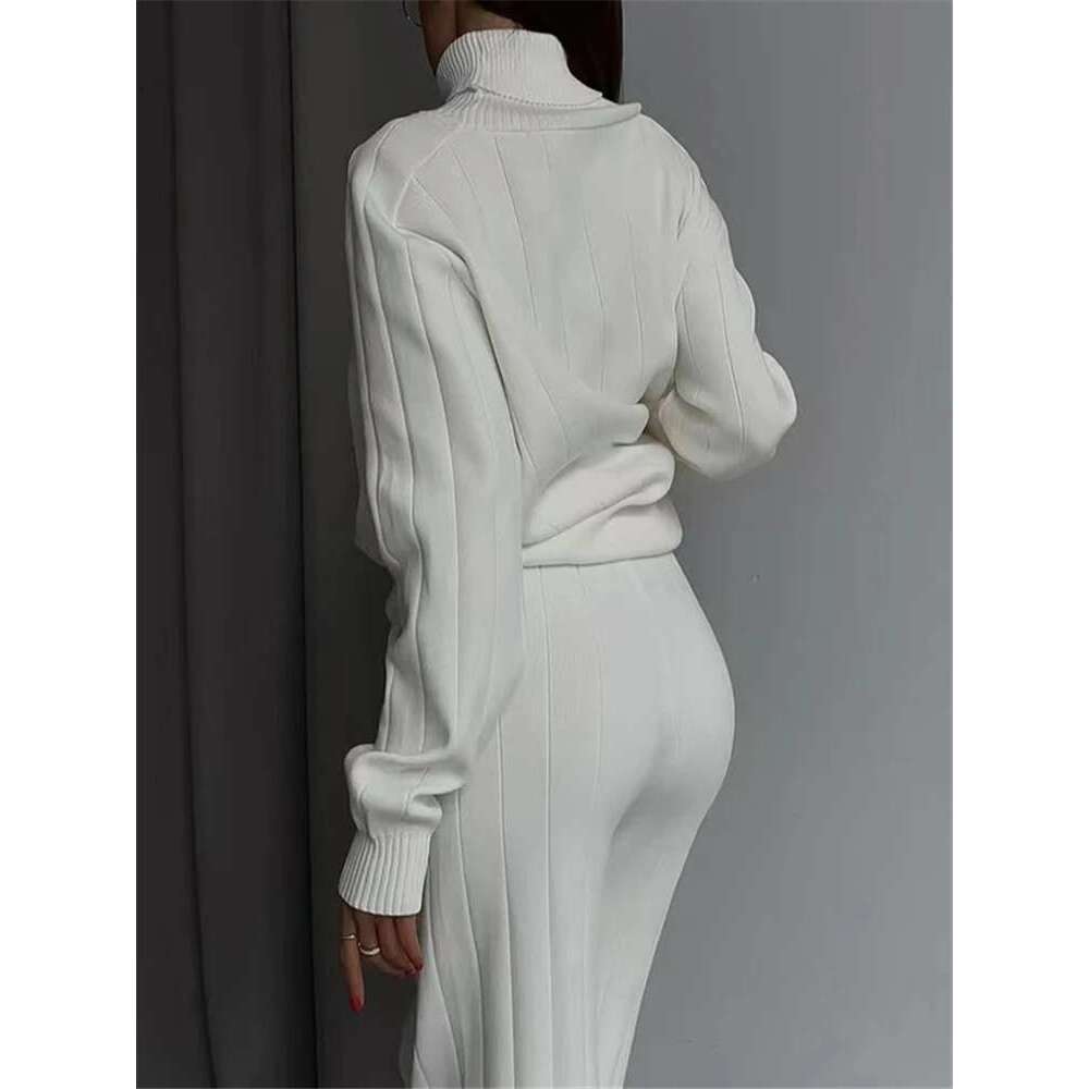 REALEFT Autumn Winter 2 Pieces White Women's Sets Knitted Tracksuit Turtleneck Sweater And Straight Jogging Pant Suits 2023 New