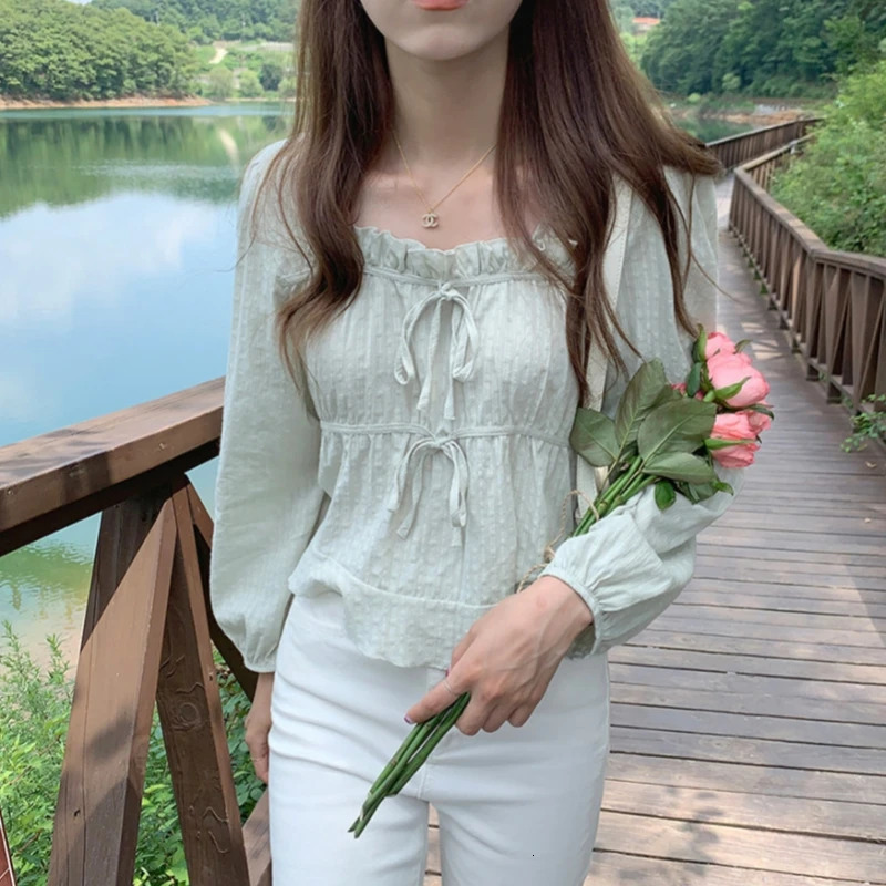 Spring Summer Elegant Womens Blouses Solid Long Sleeve Lace Up Ruffles Korean Casual Short Shirts Tops Female 250514