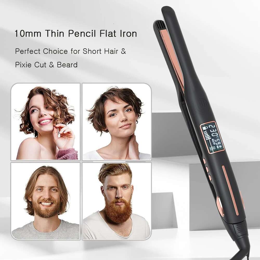 Thinnest Plate Curler Mini Straightener 2 in 1 Titanium Pencil Narrow Flat Iron with LCD Display for Short Beard Hair