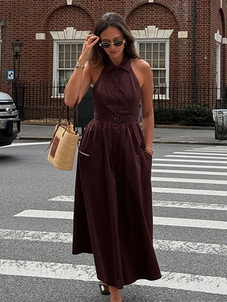 Elegant Halter Sleeveless Long Dress Women Single Breasted Lapel Belts Pocket White Aline Dresses Summer Street Holiday 250514