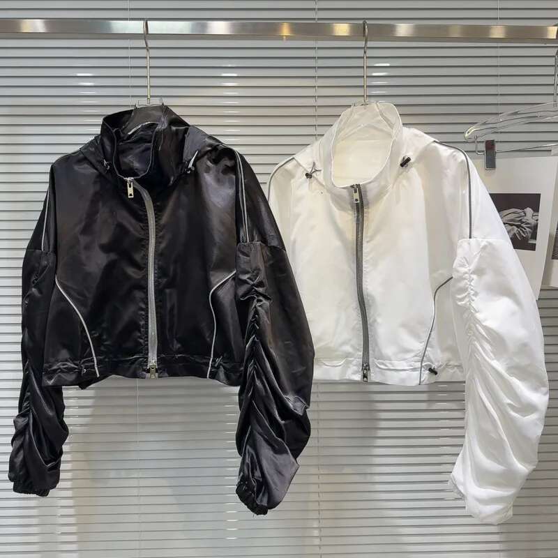 DEAT Fashion Zipper Solid Color Coat For Women Spring New Drawstring Sleeve Design Hooded Long Sleeves Jacket 11A03435