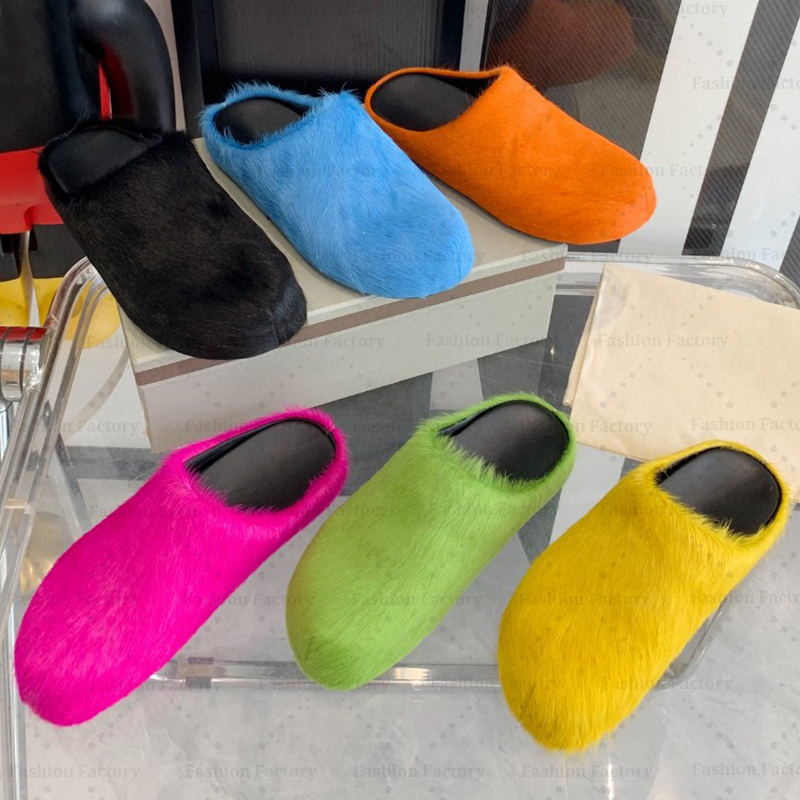 Fussbett Sabot Calfskin Fur Slide Long Calf Hair Leather Slipper Loafers Men Women Black White Orange Blue Green Red Khaki Furry Shoes Slippers 35-46