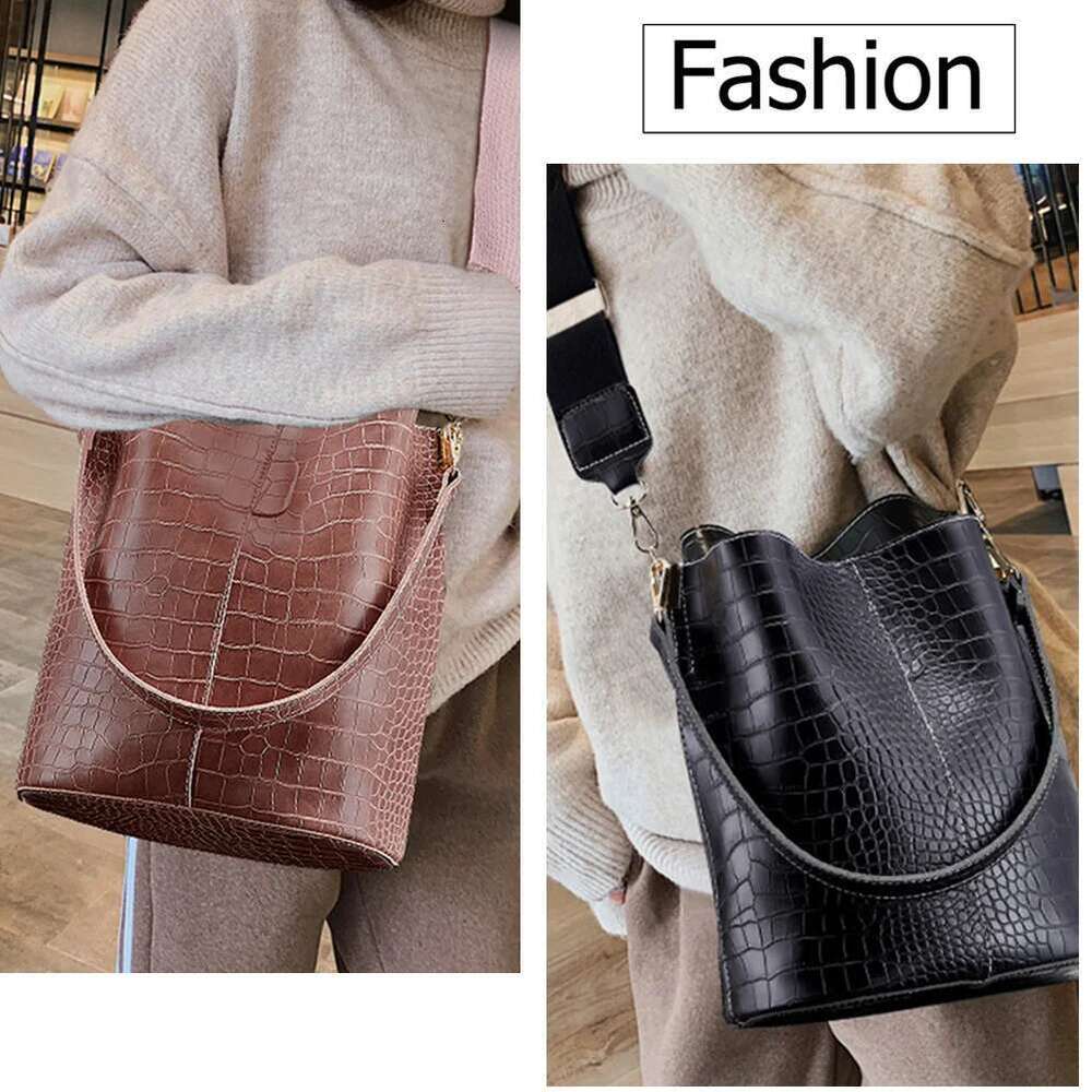 Leather Crossbody Women Large-Capacity Patchwork Fashion Bucket Bags Crocodile Pattern Shoulder Messenger Handbag