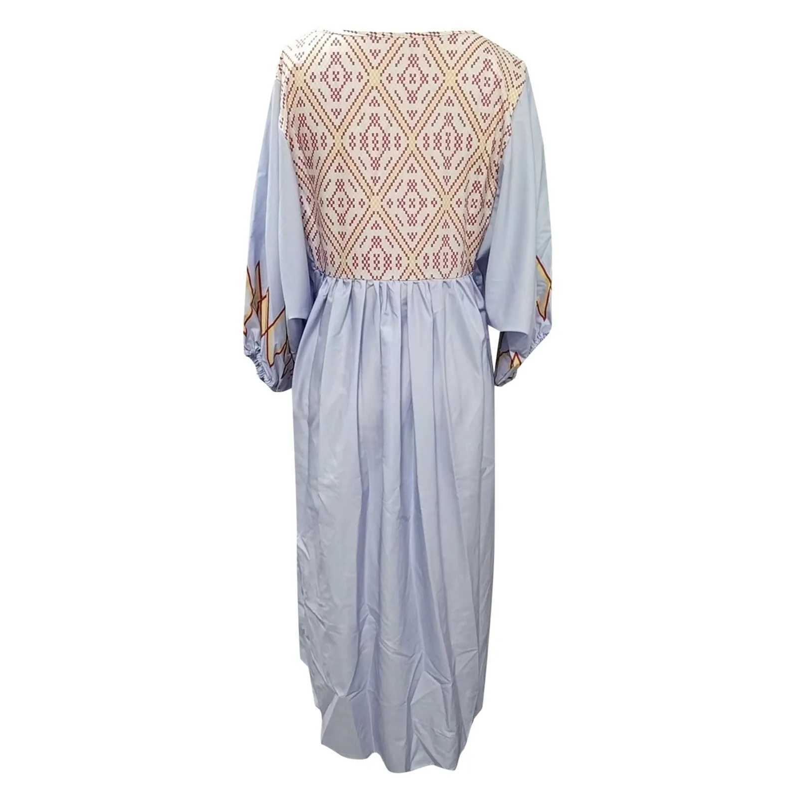 Womens Ethnic Retro Geometric Print Long Dress Spring 3/4 Lantern Sleeve A-Line Party Dress Summer V Neck Loose Beach Boho DressXJ250514