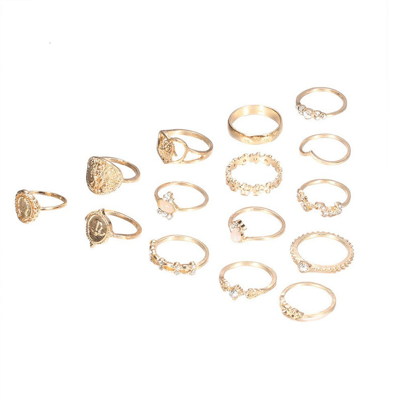 Fashionable Hot selling Head Portrait Gold Coin Cross Pattern Love Fifteen Piece Ring Set