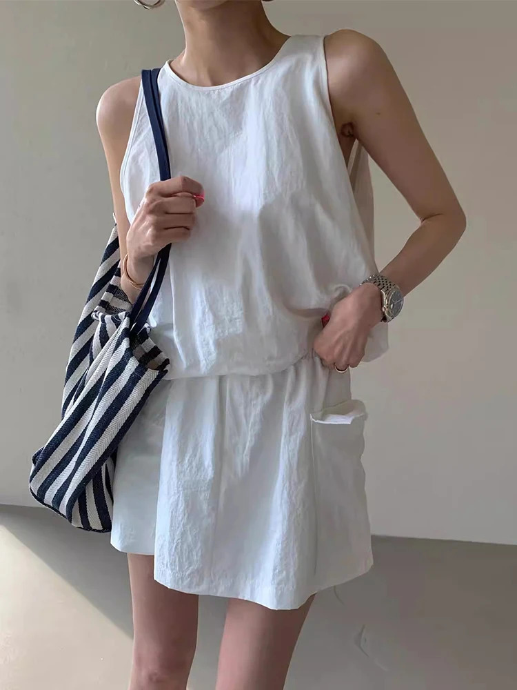 HELIAR Women Solid Color Casual 2 Piece Sets Zipper Sleeveless Vest Shirt Elastic Waist Shorts Skirt Set Office Women Outfits 250513