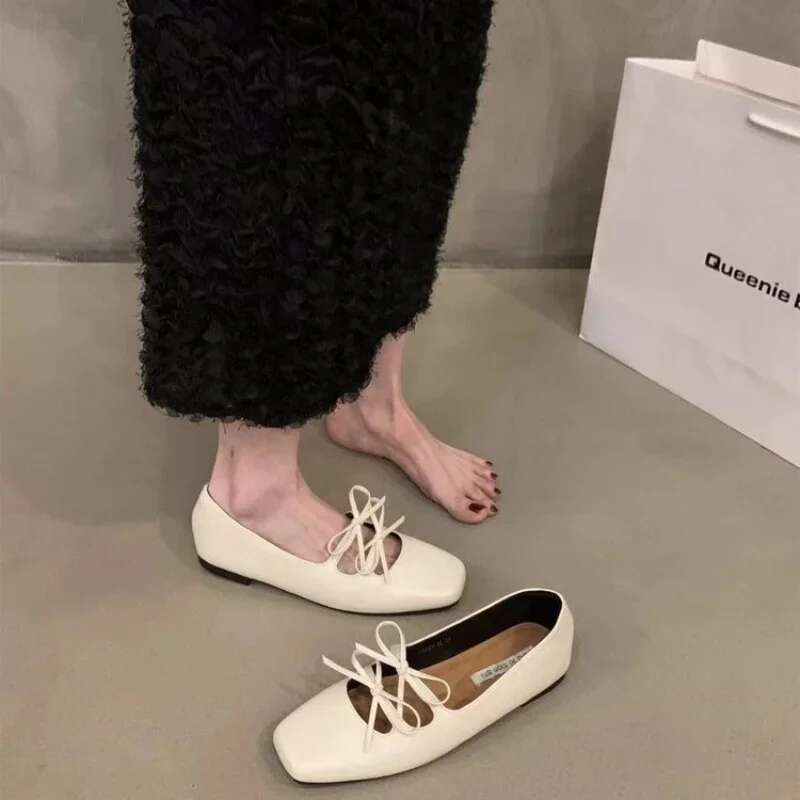 Lovely Double Bowknot Women Mary Jane New 2024 Spring Summer Square Toe Dress Flat Shoe Ladies Red Soft Sole Shoes