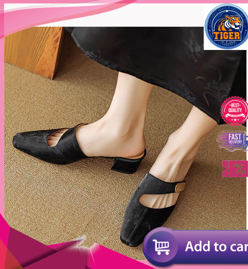 Ddmytiger Chinese Style Baotou Half Slippers For Women New Summer Square Headed One Step Thick Heel Sandals With Hollow Embroidered High Heels Outdoor