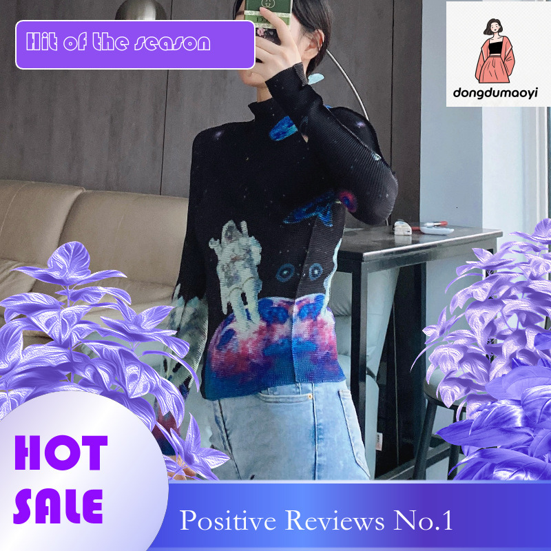 dongdumaoyi Miyake small print base short long sleeved top autumn design slim fit versatile half high neck slimming t-shirt for women