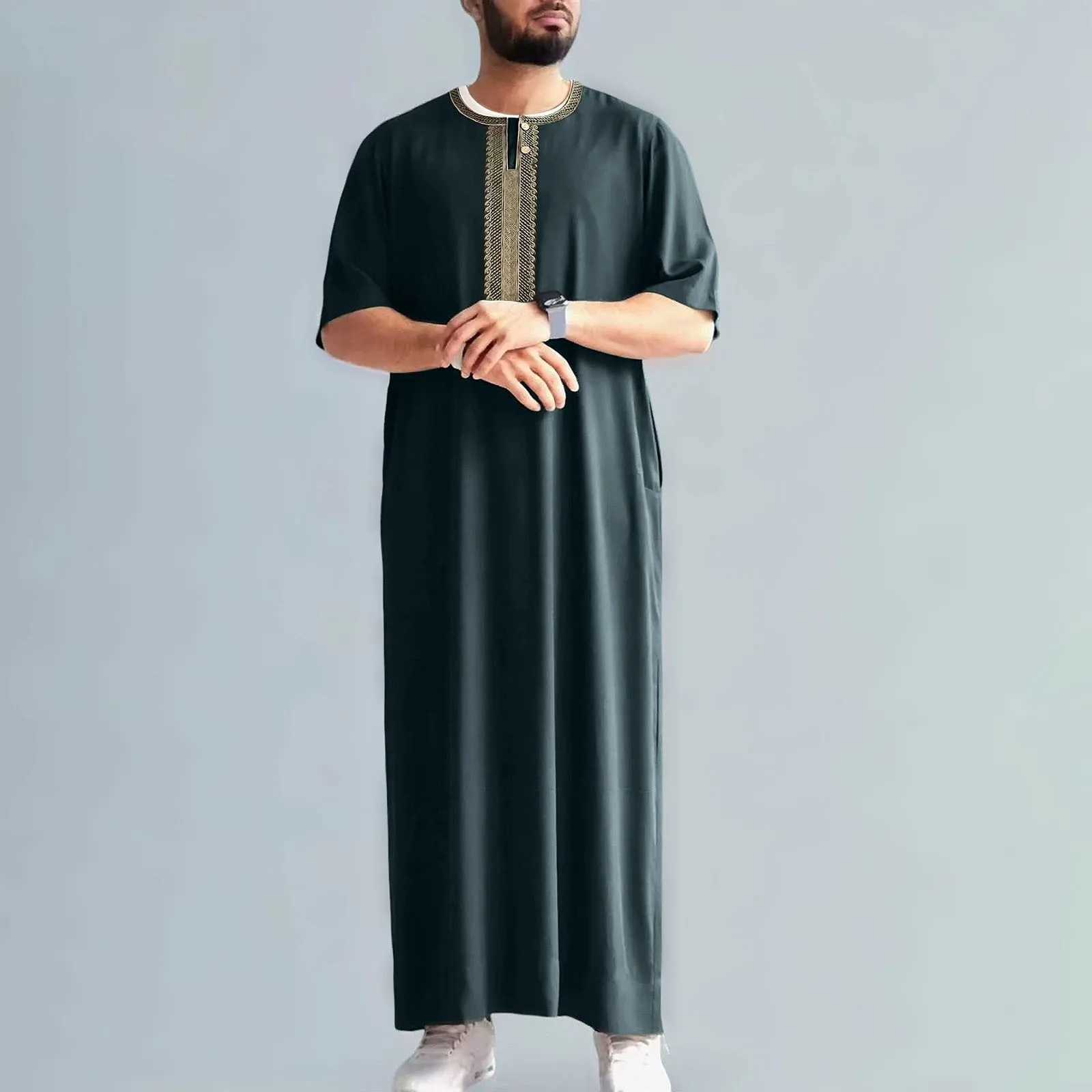 MenS Middle Eastern Retro Muslim Robe Fashion Mid Sleeve Embroidered Ethnic Moroccan Shirt MenS Robe Shirt With Side Pocket X250514