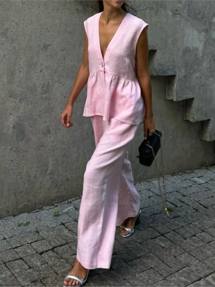 Fashion Pink Cotton Linen 2 Piece Set Women Summer Chic Elegant Outfit Sleeveless Ruffles Tank Top And Loose Wide-leg Pants Sets 250513