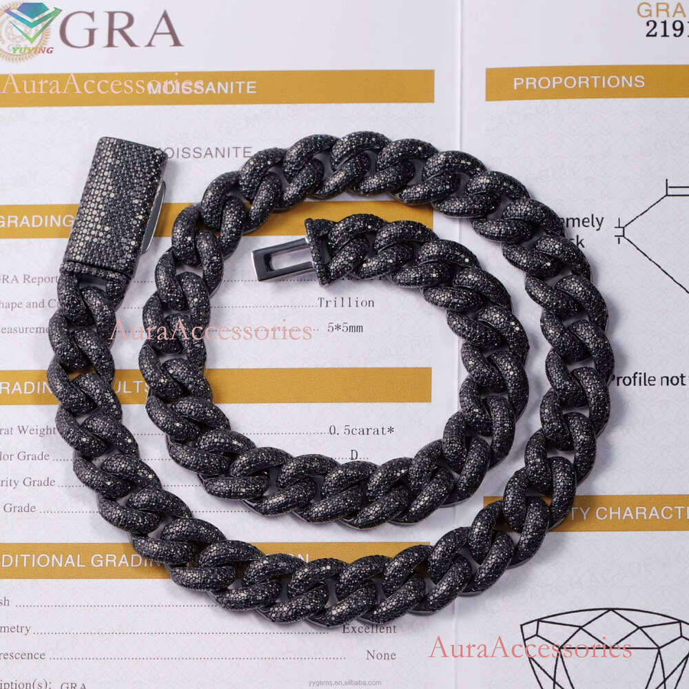 VVS Dia 2rows Iced Out 13mm S Sier GRA Black Moissanite Necklace Mans Hiphop Cuban Link Chain for Fashion Jewelry