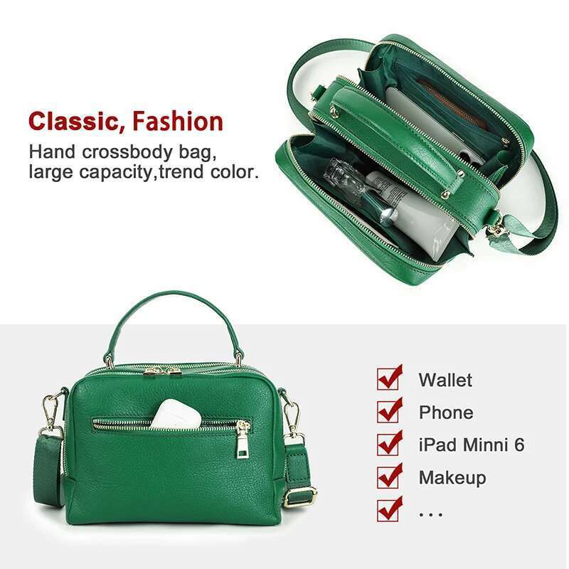 Contact's Crossbody Bags For Women Handbags Full Grain Leather 2 Zippers Green Ladies Shoulder Box Bag