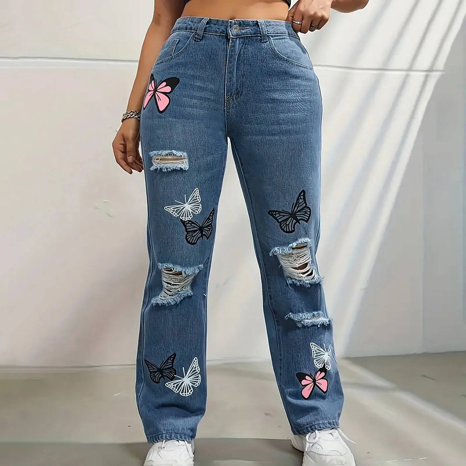 Oversized womens jeans boyfriend Plus high waist wide leg blue mens perforated 250530