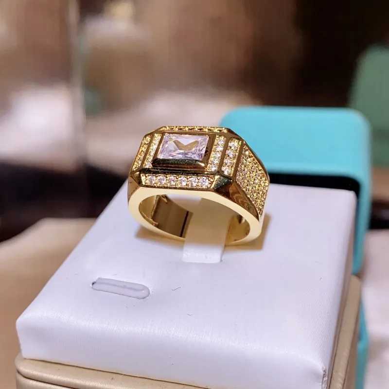 New Yellow Gold Rectangular Diamond Luxury Large Diamond Ring Male Ring 925 Stamp With Diamond Ring Party Birtay GiftXJ250514