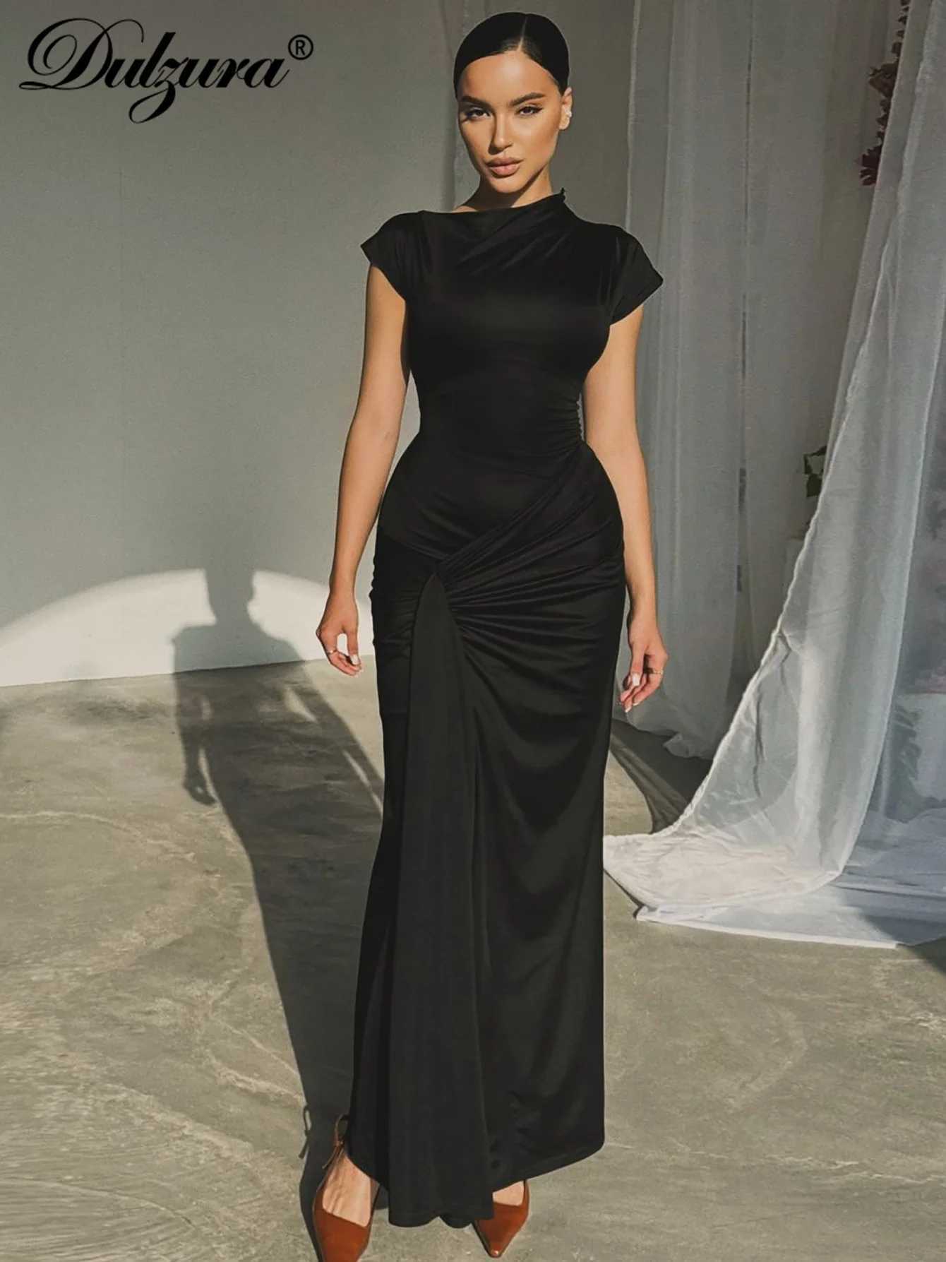 Dulzura Skew Collar Short Sleeves Lace Up Ruched Tight Maxi Dress Solid Elegant Bodycon Outfit Party Club Streetwear SpringXJ250514