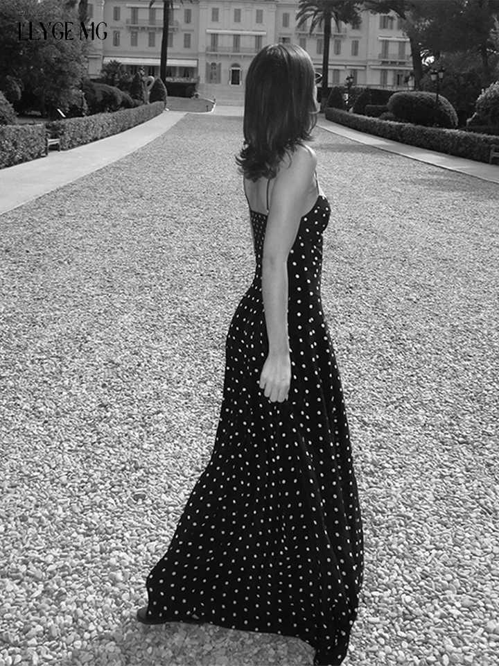 Dot Print Long Slip Dress Women Spring Summer V-neck Sleeveless Backless A-line Dresses Female Party Vintage Robes Lady HolidayXJ250514