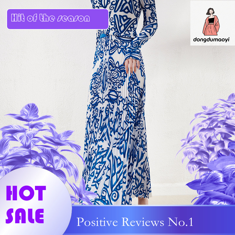 dongdumaoyi Miyake printed T-shirt top for women, 2024 new set, fashionable and versatile, high waist, mid length skirt two-piece set