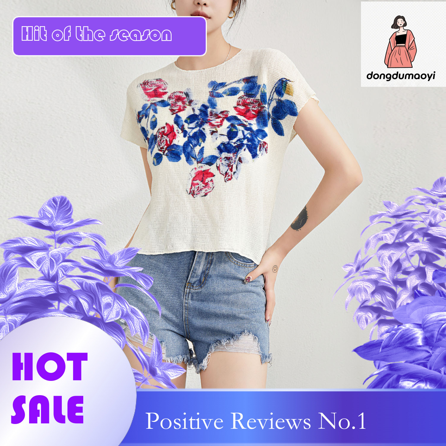 dongdumaoyi Fashionable pleated printed T-shirt 2024 summer new top bat sleeve round neck pullover loose and versatile short sleeved shirt