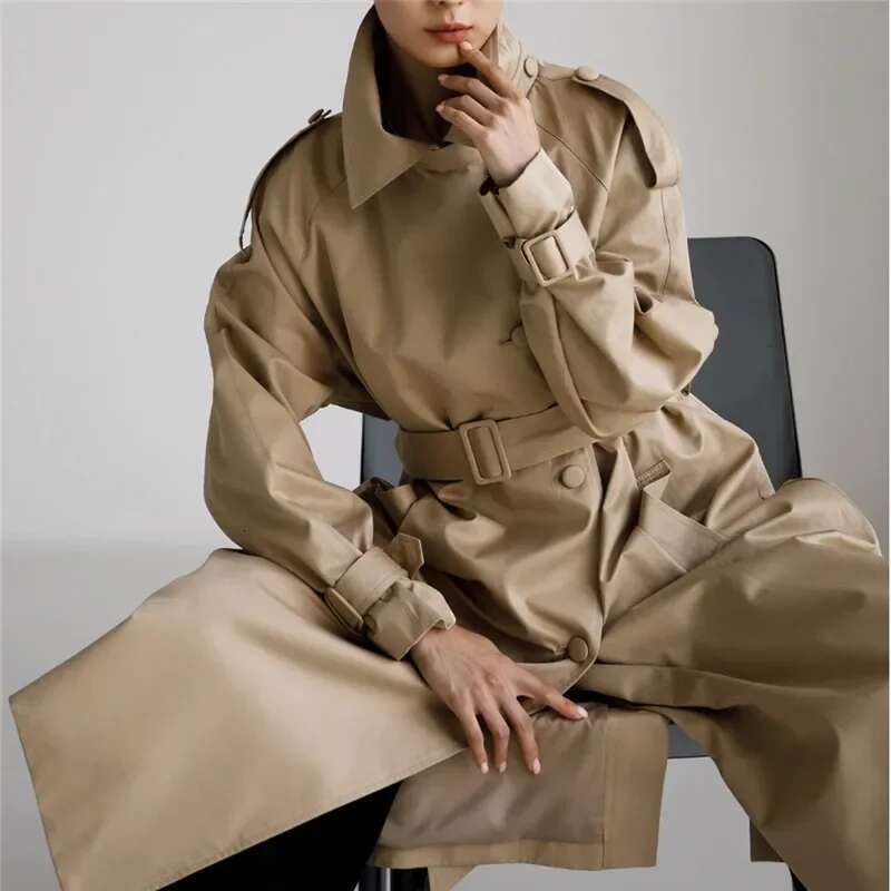 Autumn New British Style Medium-Length Korean Version Women's Fashionable Classic Loose-Fit Casual Belted Waist-Fitted Jacket Tr