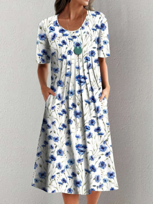 Women Clothes Dress TEMU Large Size Spring Summer Women S Elegant Big Swing Skirt Round Neck Printed Short Sleeve Dress KQ