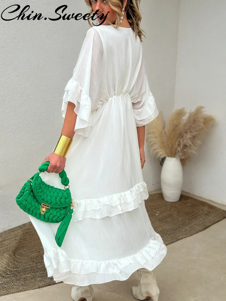 Casual Cascading Ruffle Women Dress Chic Patchwork Lace Up Half Flare Sleeve Oneck Female Dresses Summer Beach Lady Robe 250514