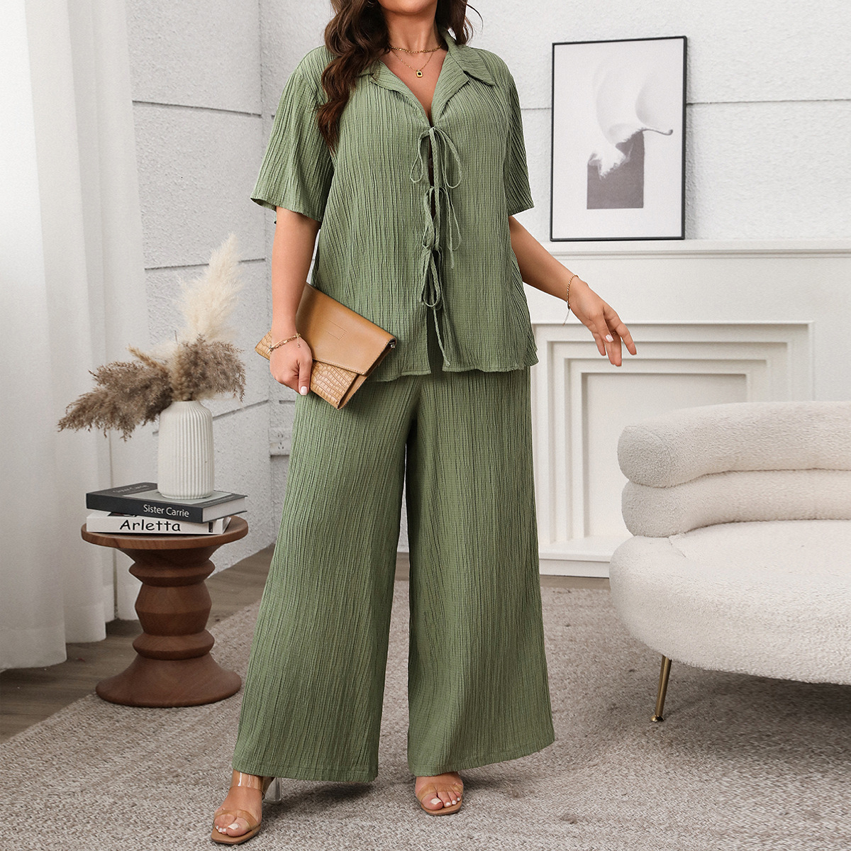 Fashion womens clothing 2025 spring and summer temperament casual short sleeved top knitted pants set