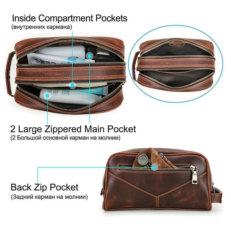 Crazy Horse Genuine Travel Makeup Bag Men's Vintage Leather Cosmetic Cases Brand Washing Storage Toiletry Bags