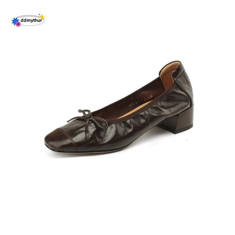 New Super Soft Sheepskin Single Women, Shallow Bow Ballet for Commuting, Casual, Coarse Heels, Grandma Shoes ddmythur