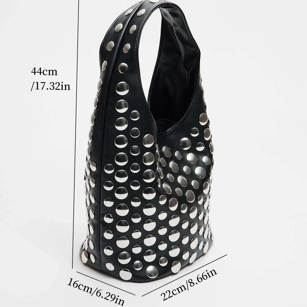 Punk Style Embellished Double-Faced Round Rivet Inlaid Niche Bucket Chic Lady Underarm Large Capacity Shoulder Bag