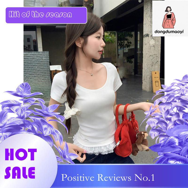 dongdumaoyi 2025 Summer Black Lace Splicing Shoulder sleeved T-shirt for Women with Waist Tight Fit and Slimming Short Top