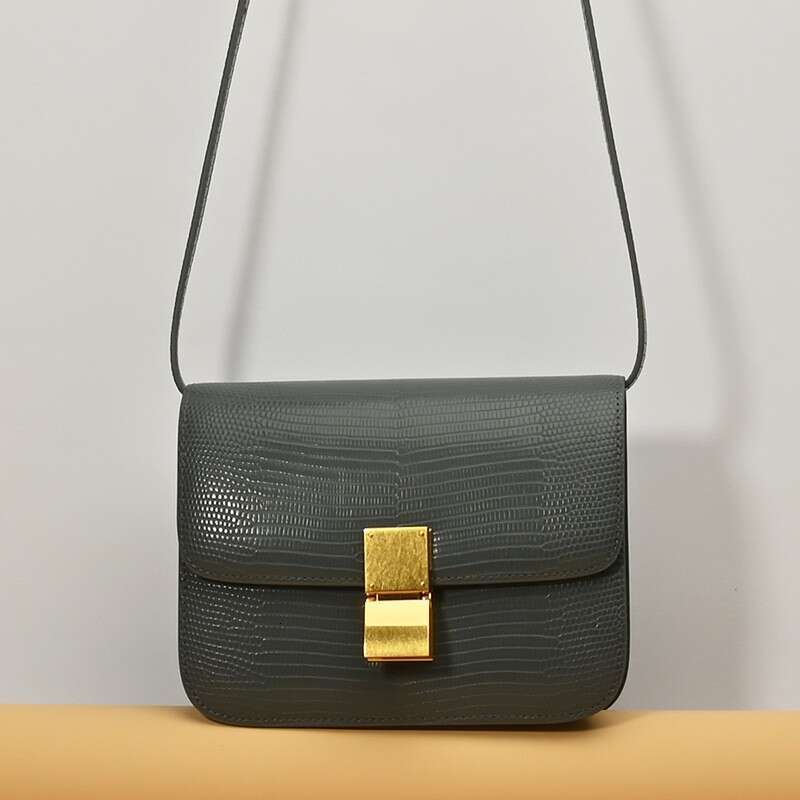 2024 New Genuine Leather Women's Lizard Pattern Tofu Simple And Fashionable Diagonal Cross Solid Color Texture Single Shoulder Underarm Bag