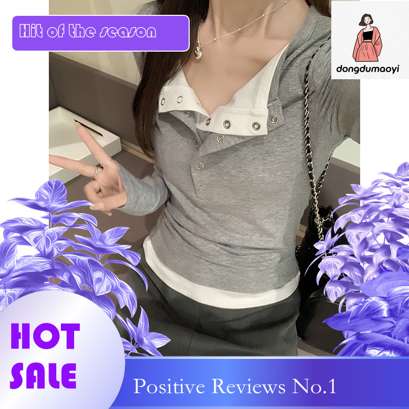 dongdumaoyi Trendy American Ins Half Open Collar Color Contrasting Long Sleeve T-shirt for Women's Fashion 2025 Spring Slim Fit Fake Two Piece Sp
