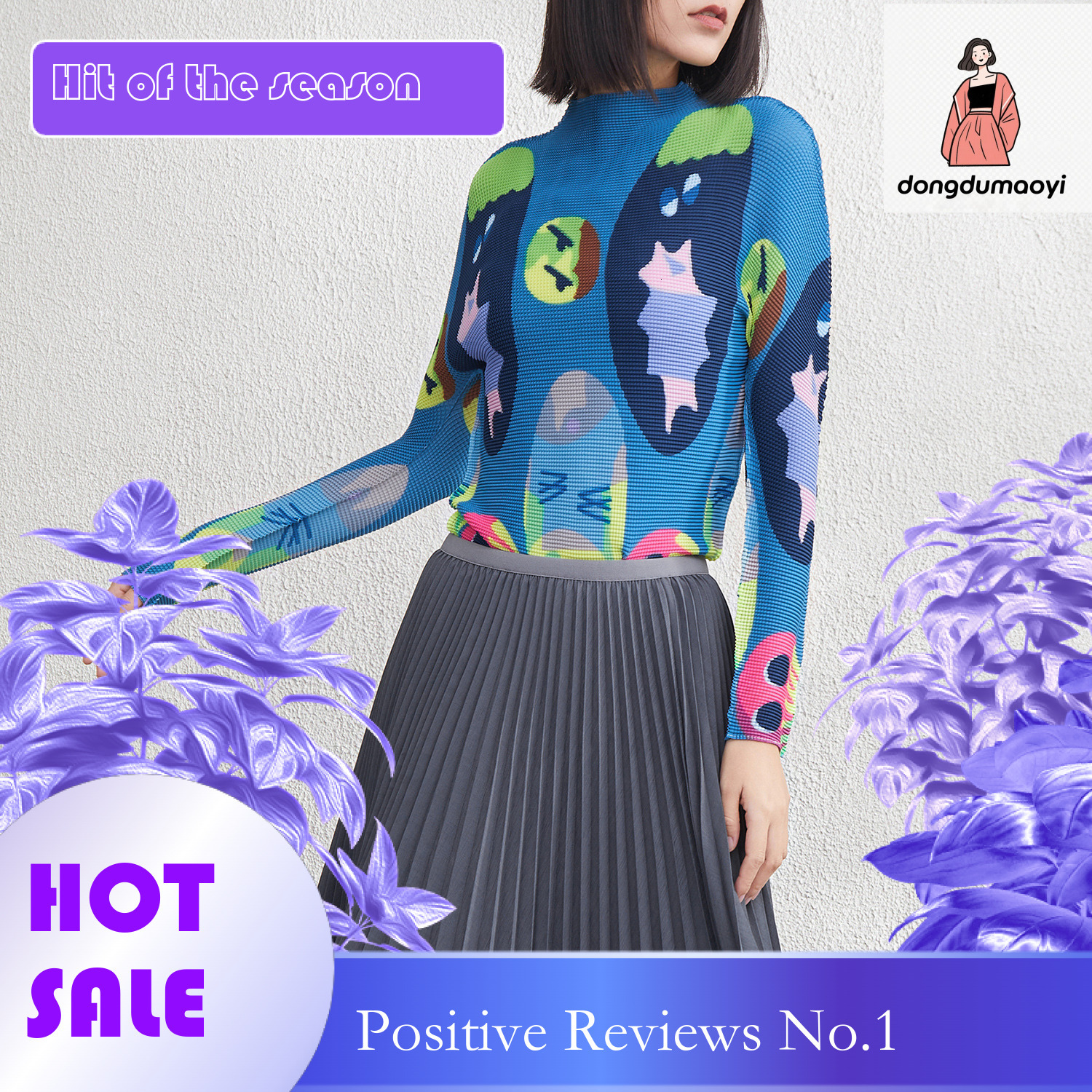 dongdumaoyi Miyake Half High Collar Bottom Shirt for Women 2025 New Style Spring and Autumn Winter Inner Fold Slimming Long Sleeve Thin Printed Top
