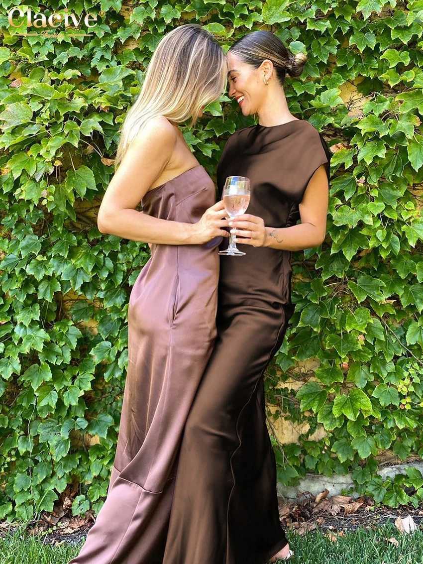Clacive Summer Slim Brown Satin Womens Dress 2024 Bodycon O-Neck Sleeveless Ankle Length Dresses Elegant Classic Female DressXJ250514
