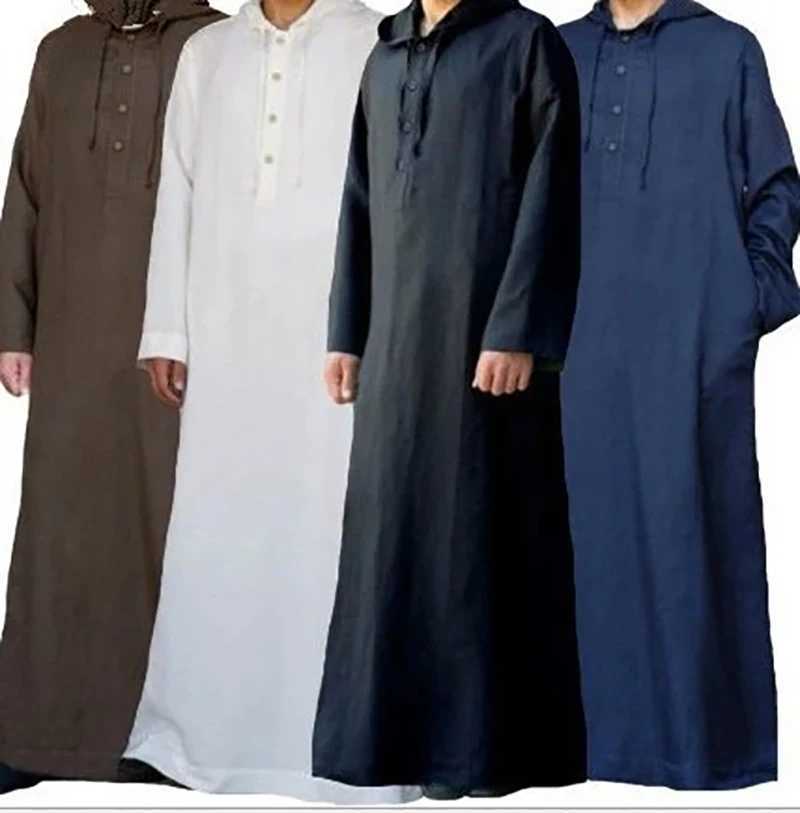 Mens Muslim Robes Saudi Arabia Juba Islamic Kafatan Casual Loose Robe Shirt Solid Color Long Sleeve Hooded Button Pocket Robe X250514