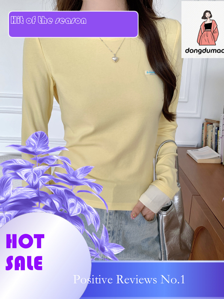 dongdumaoyi 2024 early autumn round neck contrasting long sleeved T-shirt for women, new fake two-piece slim fit, slimming effect, inner bottom layer,