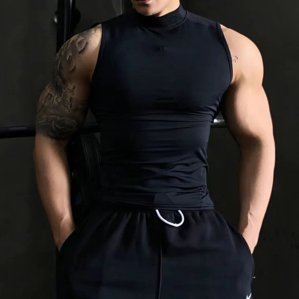 Gym Sleeveless Vests Workout Tank Top Sexy Men Bodybuilding Tight Singlet Fitness Muscle Man Sports Sweatshirt Mock Neck Clothes 250513