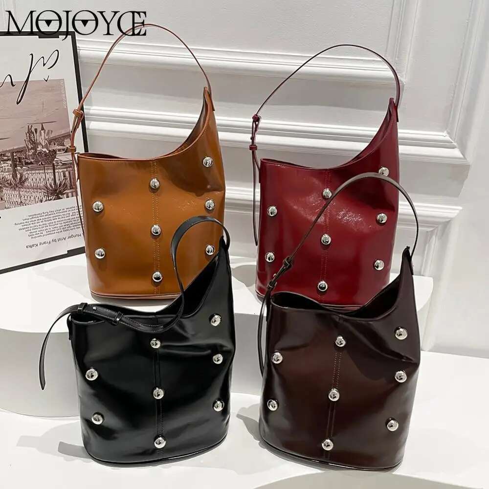 Bucket Women Rivet Studded Underarm PU Leather Hobo Female Shoulder Fashion Retro Large Tote Bag For Travel
