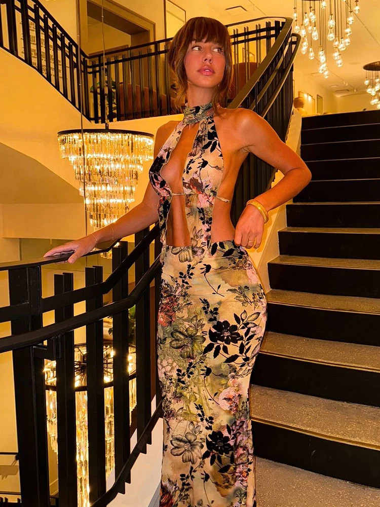 Nibber Sexy 2 Piece Set Women Foliage Print Summer Trend Halter Backless CamisoleBack Split Maxi Skirts Matching Clubwear 250514