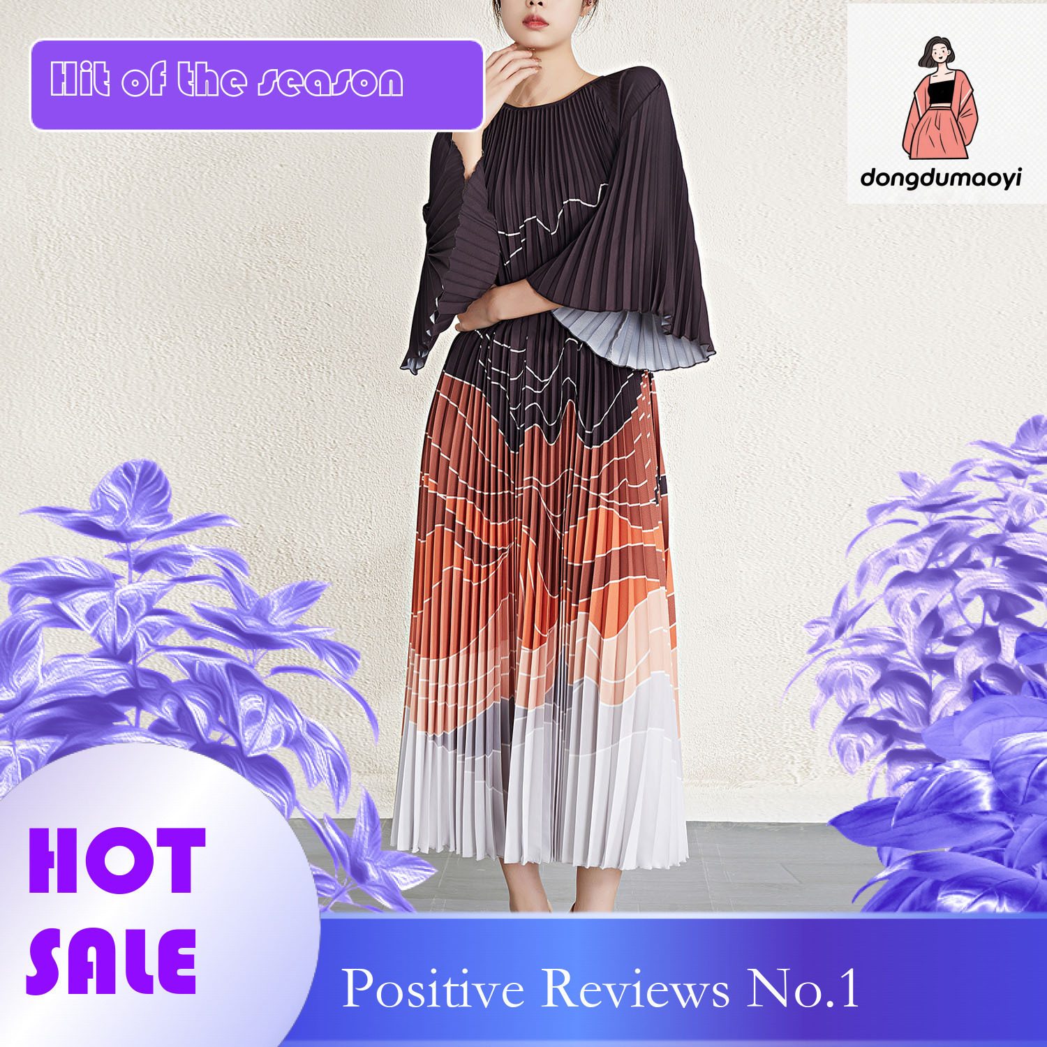 dongdumaoyi Women s skirt plus size loose printed accordion pleated three bedroom long sleeved dress for women