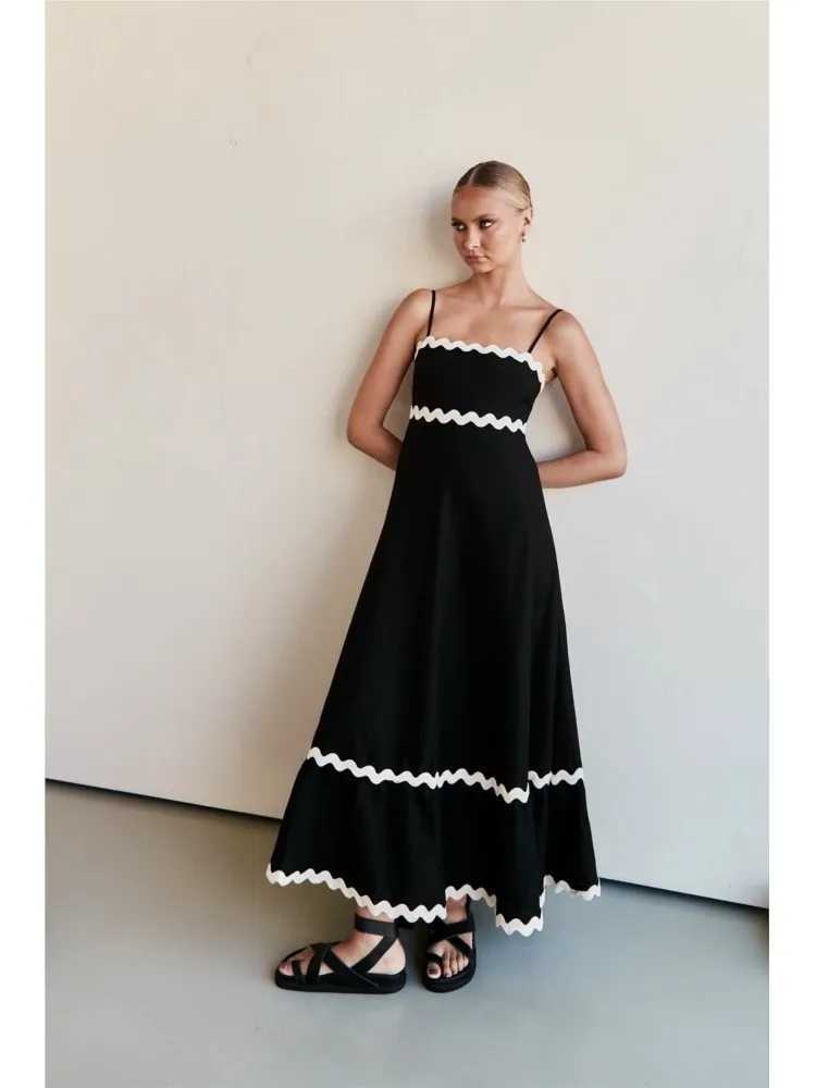 Sexy Striped Spaghetti Strap Long Dresses For Women Backless Casual Vacation Maxi A-line Beach Dress Female Sleeveless VestidosXJ250514