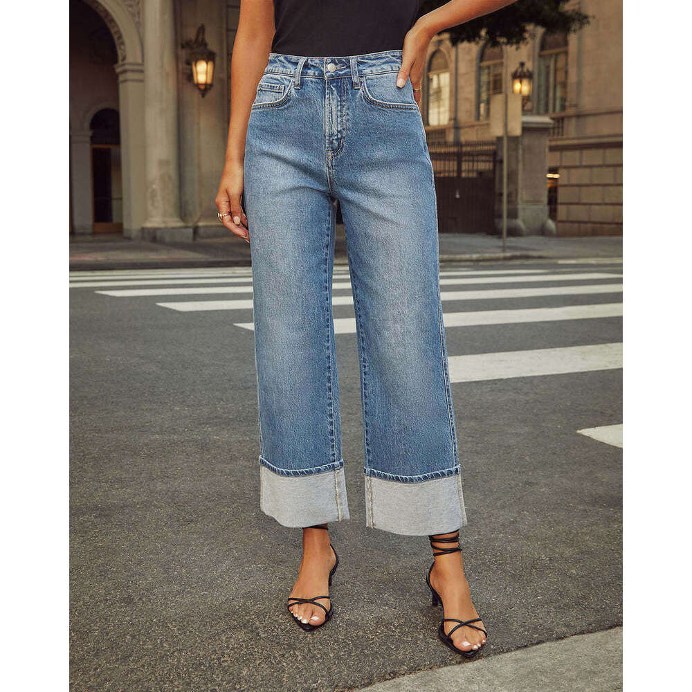 2025 Spring New Elastic Straight Leg Jeans for Women Quality Edition with Curled Edges and High Waist Pants Discount in Limited Time Fashionable Solid