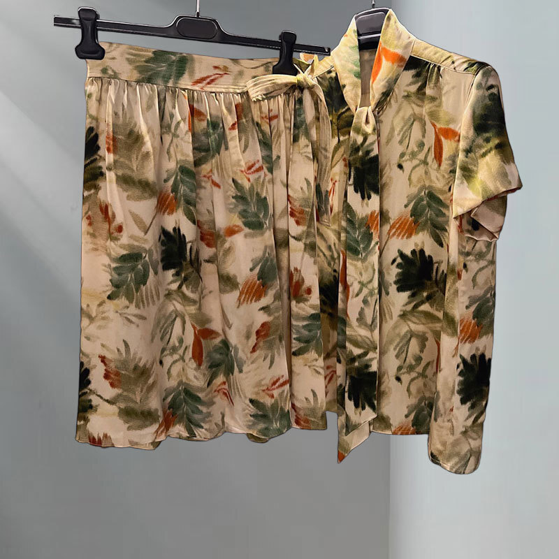 Summer Women's Botanical Print Silk Satin Skirt Set Fashion Lace Up Neck Short Sleeve Shirt Simple High-Waist Tie Knee-Length Pleated Skirt Class