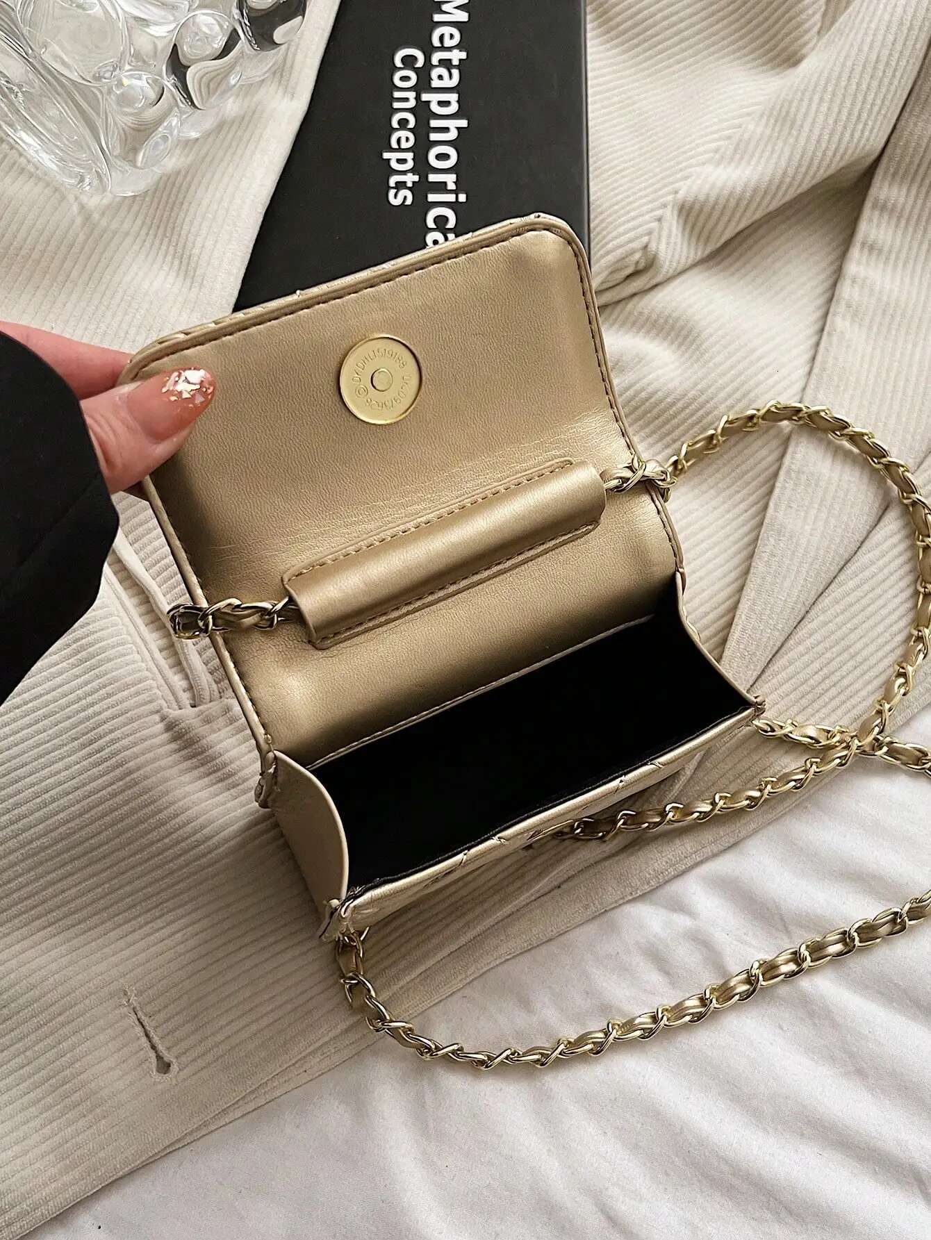 2025 new bag simple multifunctional texture mini belt with golden ball chain shoulder strap designer crossbody bag diamond grid chain women's sma
