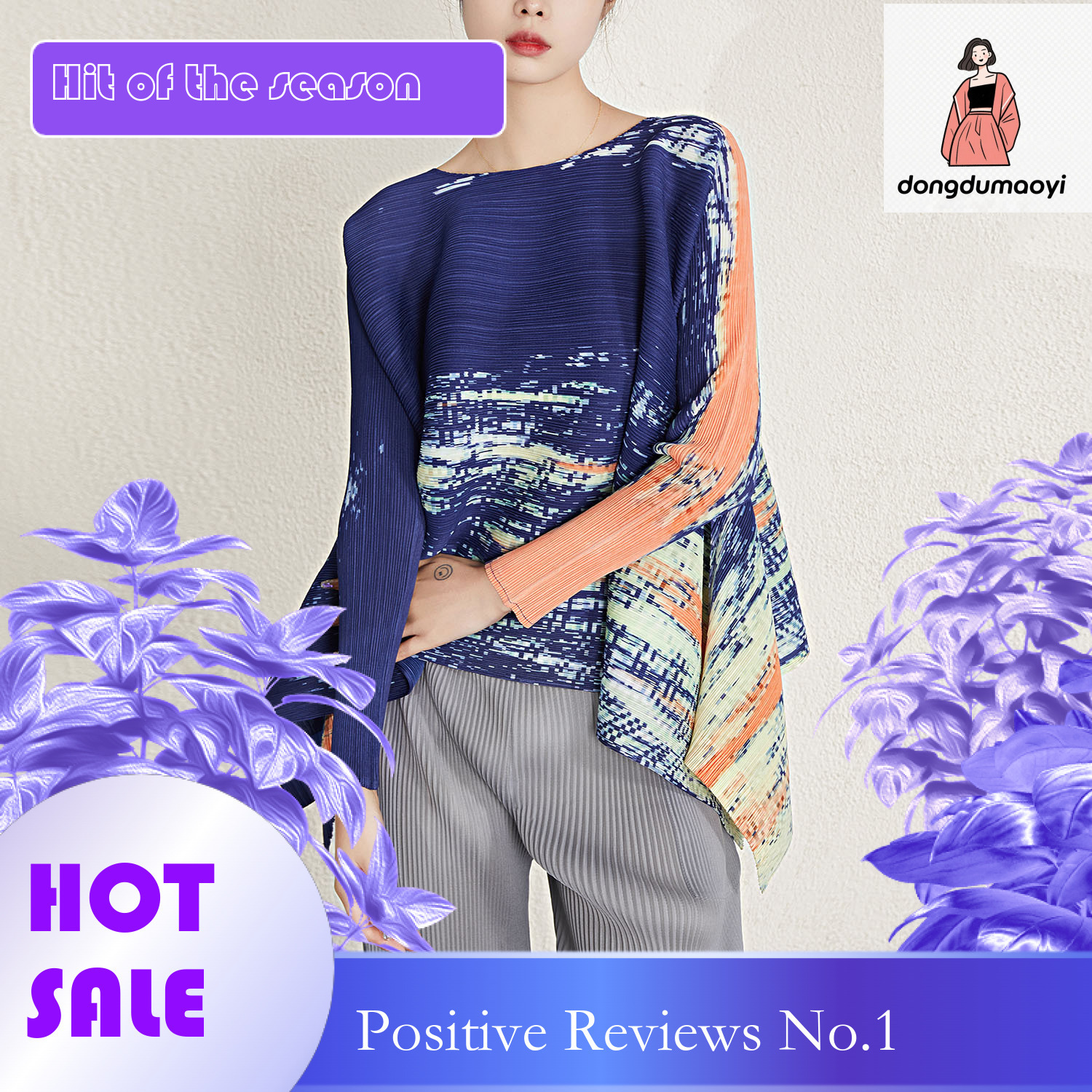 dongdumaoyi Wrinkled top spring new Miyake round neck printed T-shirt loose and slimming, covering the belly women's fashion style