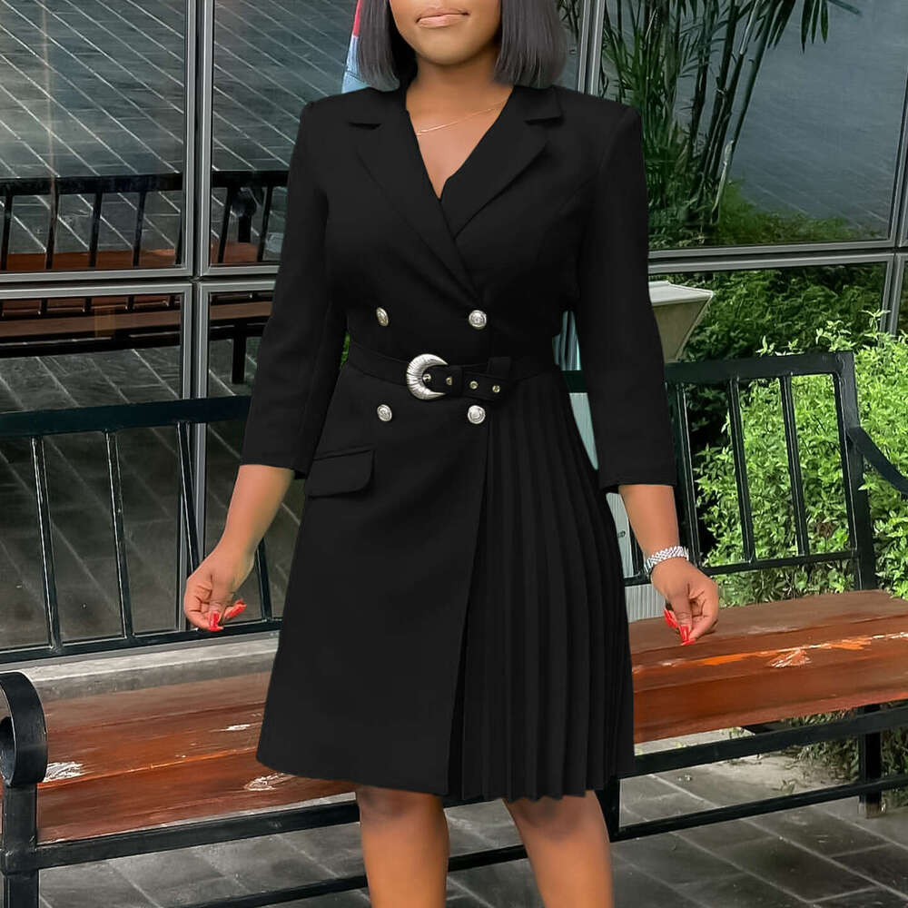 Women's Wear New High Waisted Fashionable Cinching Waist Pleating Splicing Mid Length Suit Dress